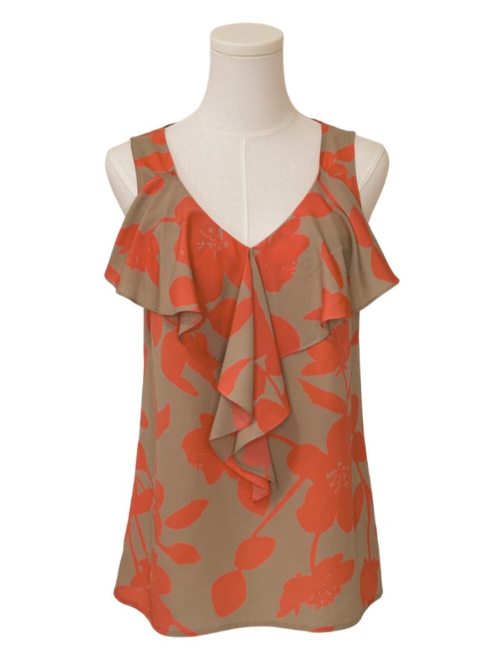 LOFT Womens Top S Tan & Coral Floral Ruffle Front Sleeveless Blouse Back Tie